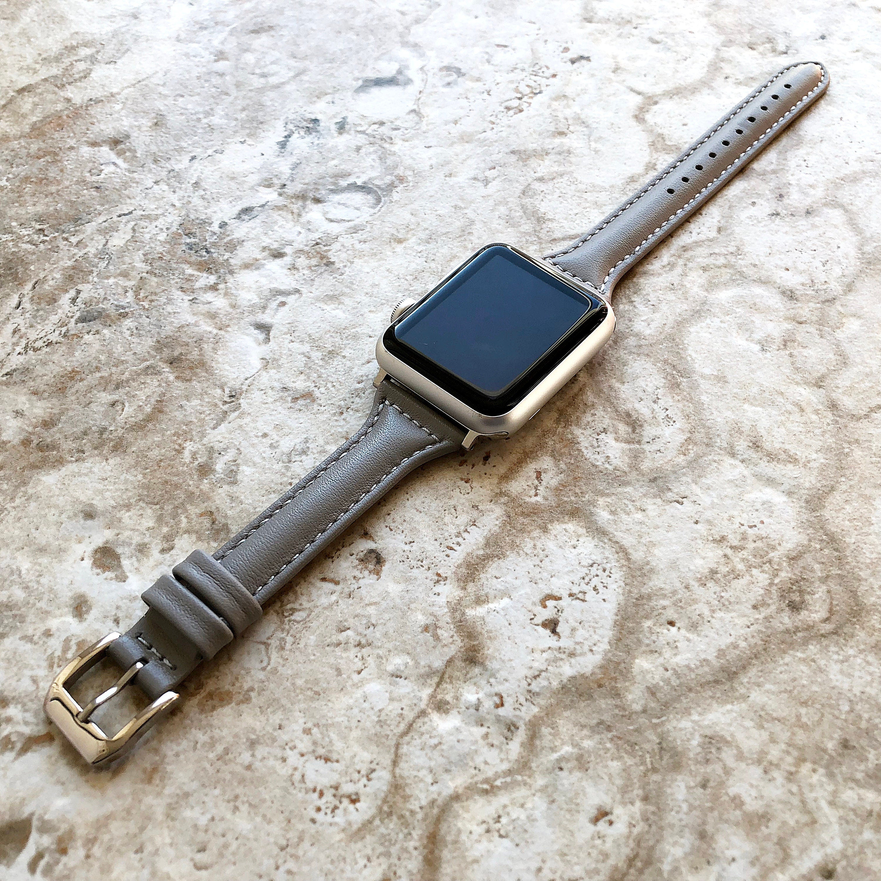 Apple Gray Color Slim Elegant Soft Leather Band Straps Bracelet for iWatch Ultra 2 49mm and 9 8 Series 41mm 45mm Case Handmade